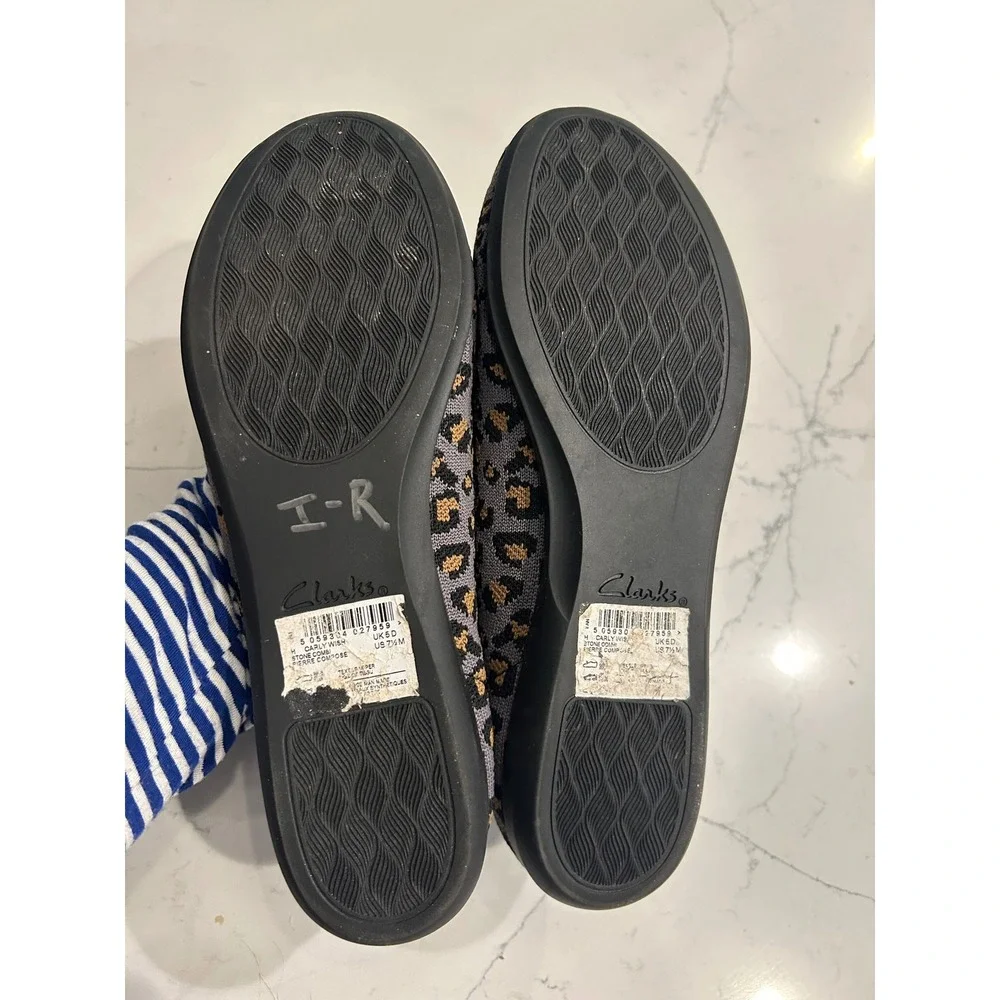 Clarks Carly Wish Flats Grey Leopard Print Cloudsteppers Knit Slip On Shoes